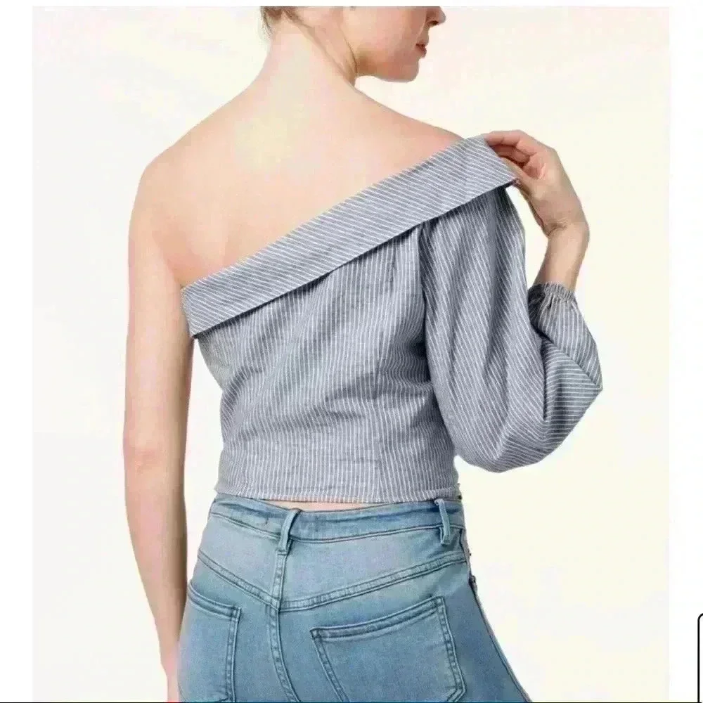 Free People Blue Striped One Shoulder Crop Top